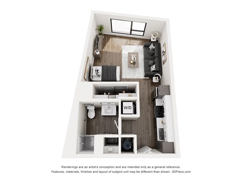 A 3D floor plan of a small apartment with a kitchen, living room, and bathroom.
